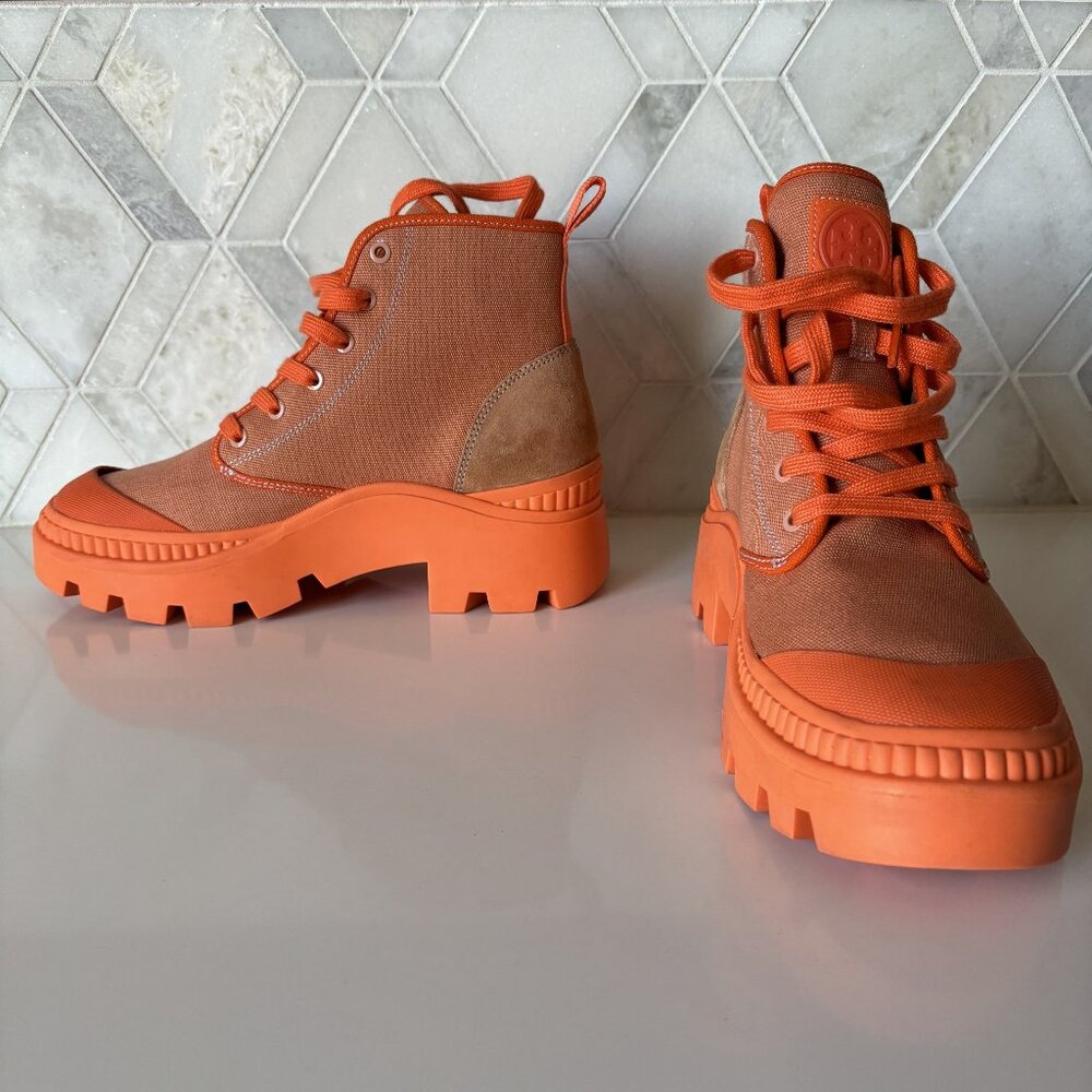 Tory Burch Size 7M Orange High Top Logo Suede Rubber Camp Sneaker Boot Canvas